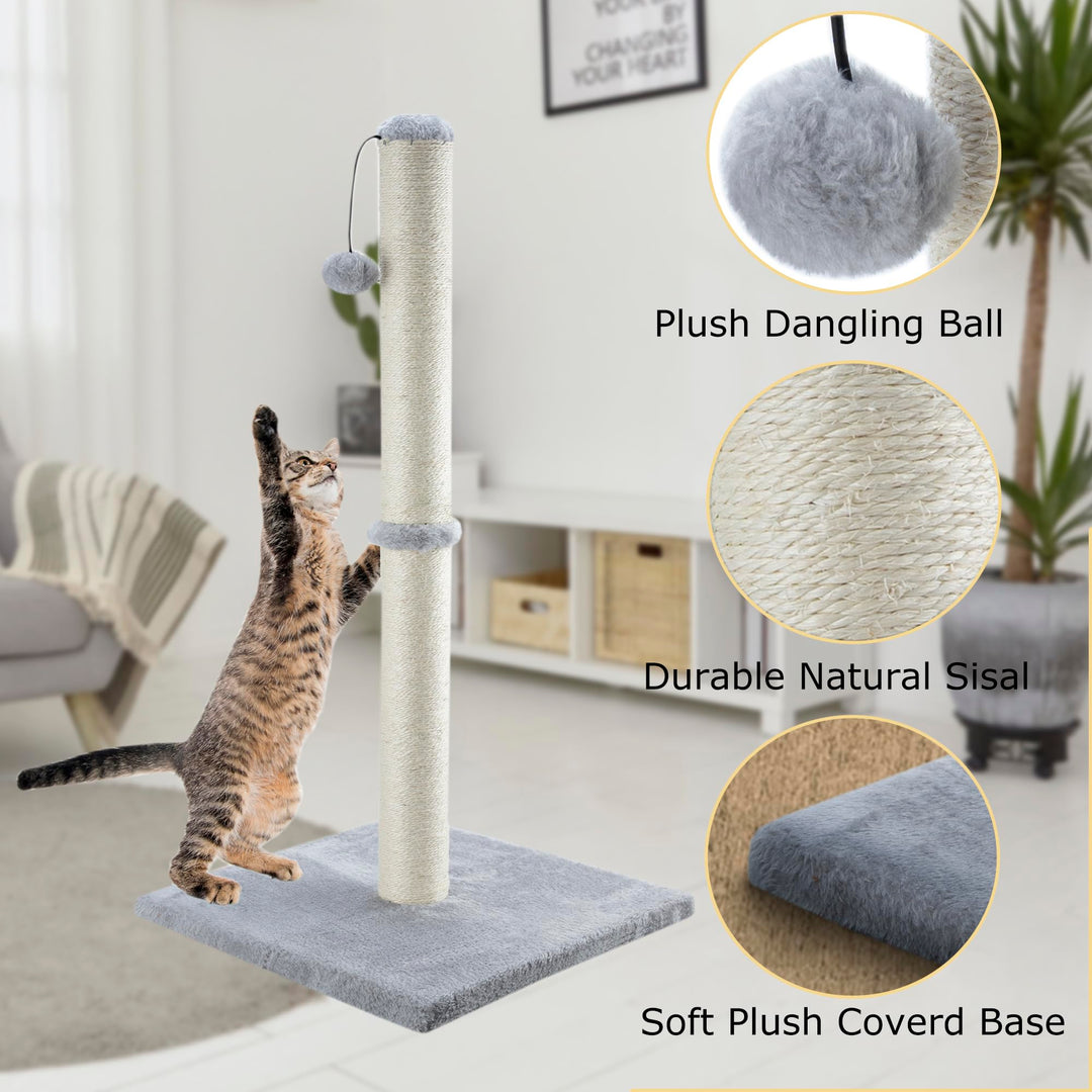 34 Tall Cat Scratching Post for Large Cats and Kittens, High Vertical Scratcher with Premium Natural Sisal Rope and Interactive Hanging Ball for Indoor Cat(Grey, 34 inches for Large Cats)