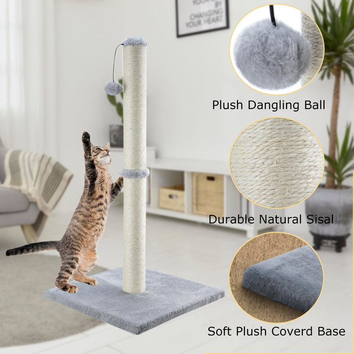 34 Tall Cat Scratching Post for Large Cats and Kittens, High Vertical Scratcher with Premium Natural Sisal Rope and Interactive Hanging Ball for Indoor Cat(Grey, 34 inches for Large Cats)