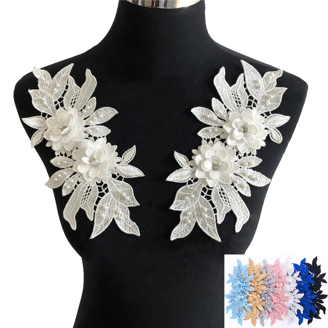 KEJUEEB 1 Pair 3D Lace Applique, Sew on Flower Bead Patches Embroidery Floral Motif Beaded Lace Trim Fabric Pearl Appliques for Sewing Wedding Bride Dress Veil Clothes Decoration (White), KJ-16