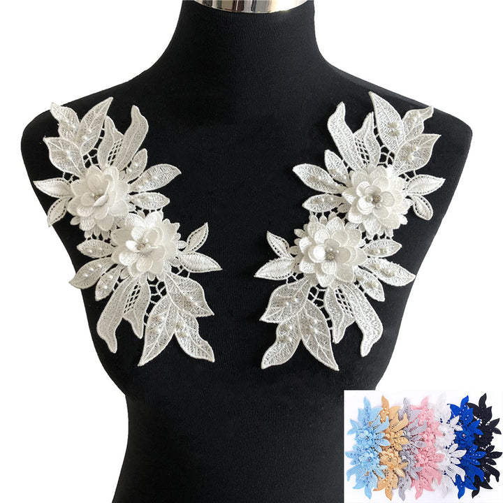 KEJUEEB 1 Pair 3D Lace Applique, Sew on Flower Bead Patches Embroidery Floral Motif Beaded Lace Trim Fabric Pearl Appliques for Sewing Wedding Bride Dress Veil Clothes Decoration (White), KJ-16