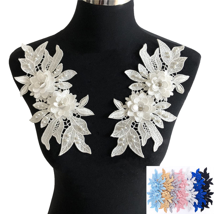 KEJUEEB 1 Pair 3D Lace Applique, Sew on Flower Bead Patches Embroidery Floral Motif Beaded Lace Trim Fabric Pearl Appliques for Sewing Wedding Bride Dress Veil Clothes Decoration (White), KJ-16