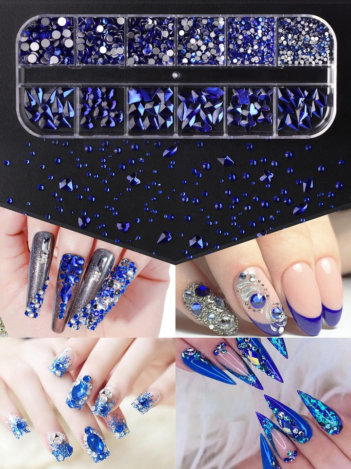 Dark Blue Nail Rhinestones Hearts Butterfly Shaped Nail Art Crystals Diamonds Flat Back Rhinestones Diamond Nail Gems with Tweezers