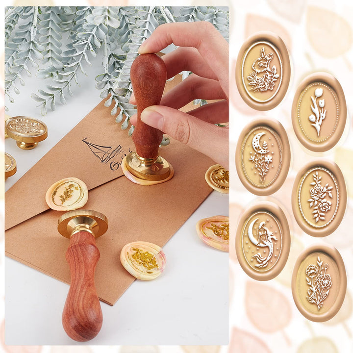 Wax Seal Stamp Set 6PCS Oval Sealing Stamp Heads with 2PCS Universal Wood Handles, 2030mm Brass Stamp Heads Set for Invitations Cards Birthday Gift Decoration