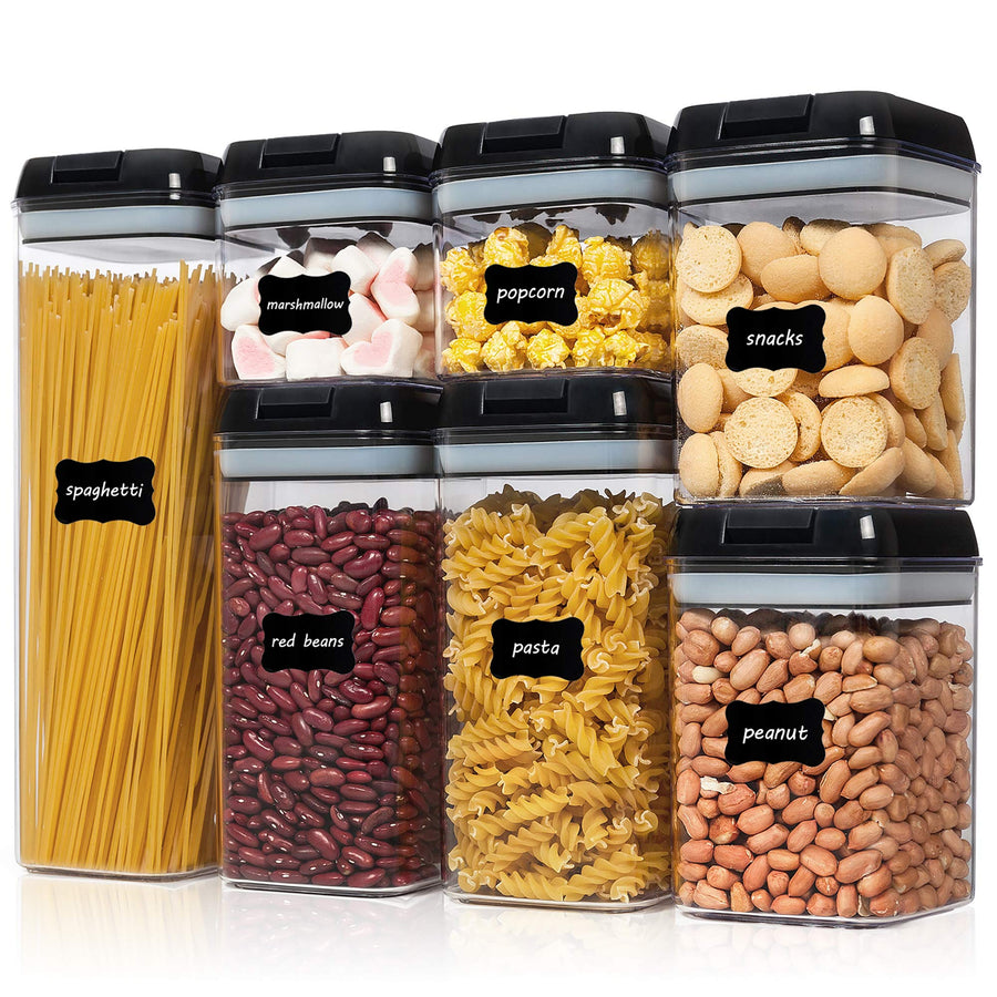 Airtight Food Storage Containers, 7 Pieces BPA Free Plastic Cereal Containers with Easy Lock Lids, for Kitchen Pantry Organization and Storage, Include 24 Labels, Grey