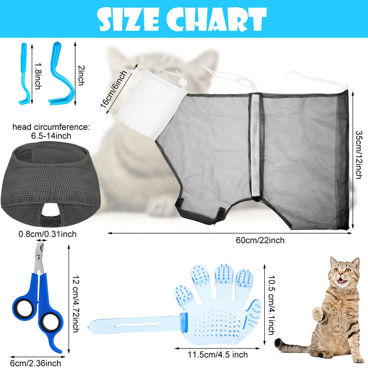 5 Pcs Cat Bathing Bag Set Cat Grooming Bag Adjustable Pet Shower Net Bag Muzzles Nail Clipper Tick Remover Tool Massage Brush (Grey-White)