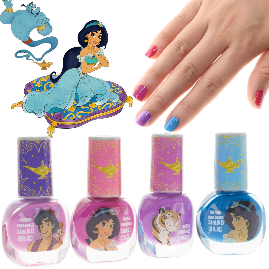 Disney Aladdin Non-Toxic Peel-Off Nail Polish Set with Nail File and Glitter Bag for Girls, Opaque Colors, Ages 3+ (4 Pack), 5 Count