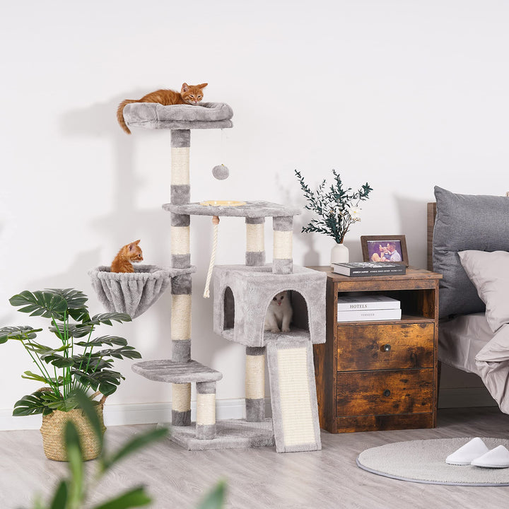 Cat Tree, Cat Tower for Indoor Cats with Scratching Board, Multi-Level Cat Furniture Condo with Feeding BowlLight Gray HCT010W