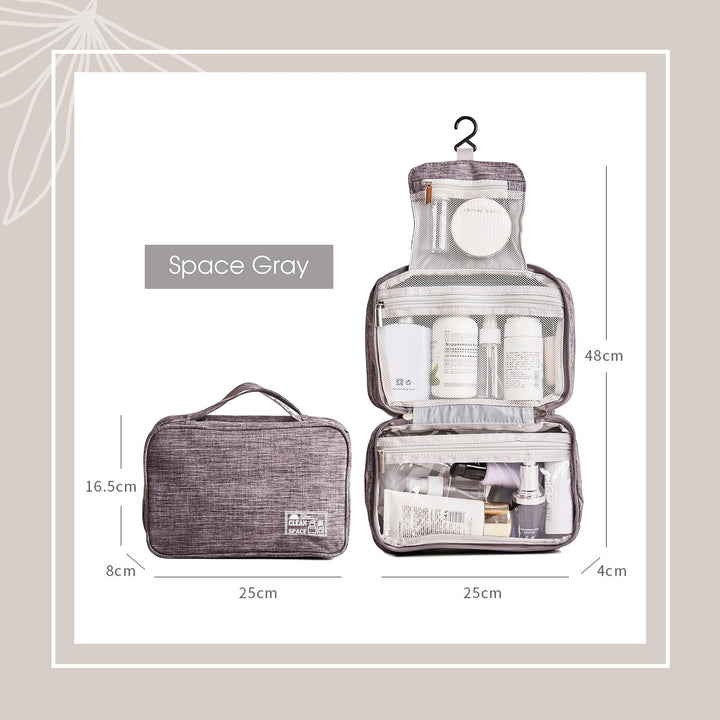 Toiletry Bag with 5 Travel-Size Bottles, Water-resistant Travel Organizer with 3 Foldable Compartments for Toiletries & Cosmetics