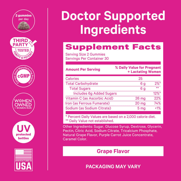 Prenatal Iron Supplement Gummies for Women - 20 mg with Vitamin C - Grape Chewable for Deficiency, Energy, & Blood Builder - 60 Gummy Chews