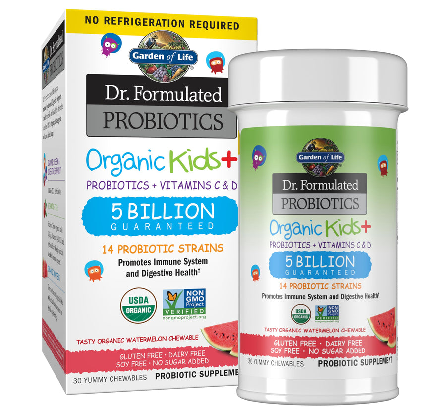 Dr. Formulated Probiotics Organic Kids+ Plus Vitamin C & D - Watermelon - Gluten, Dairy & Soy Free Immune & Digestive Health Supplement, No Added Sugar, 30 Chewables (Shelf Stable)