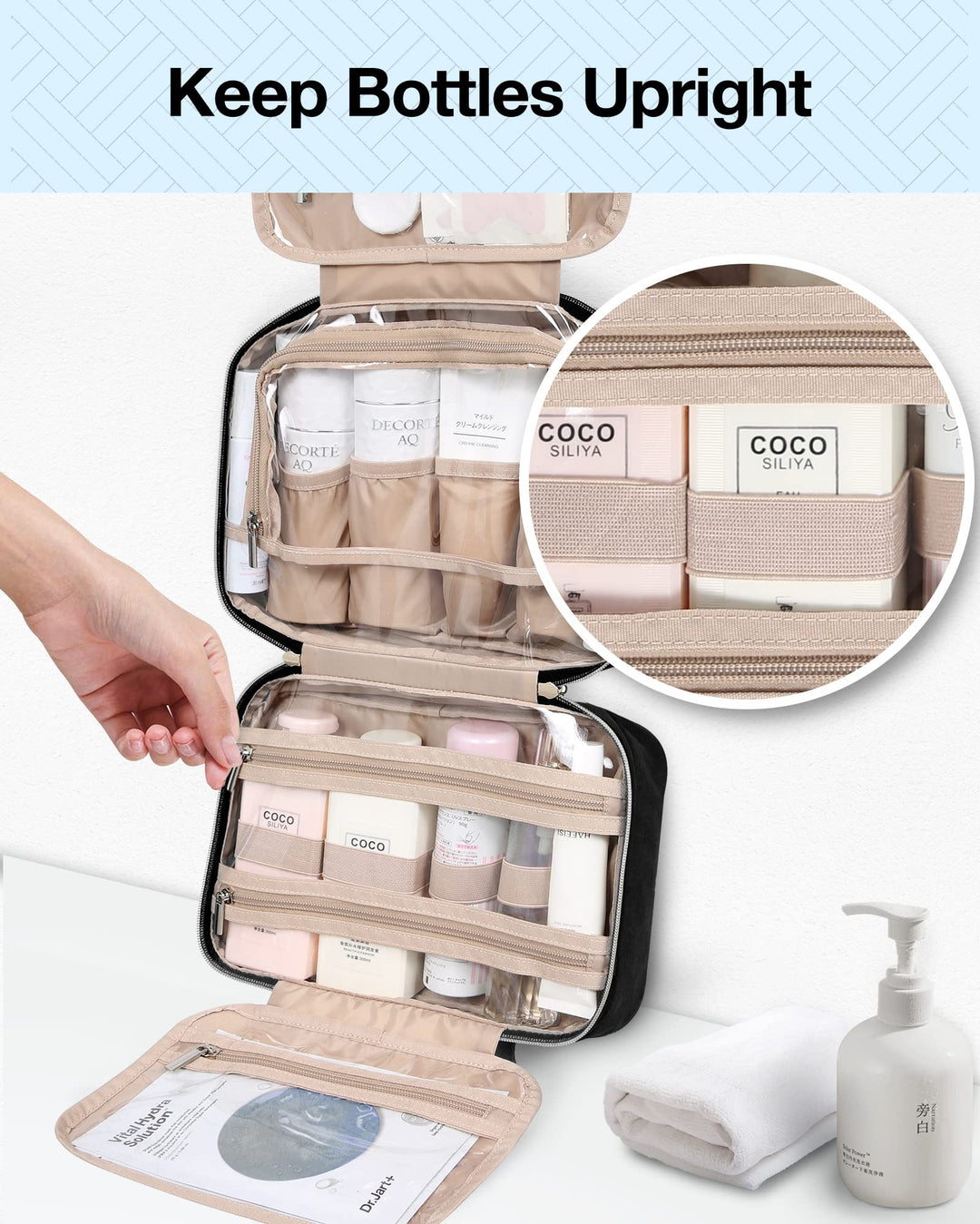 Toiletry Bag Hanging Travel Makeup Organizer with TSA Approved Transparent Cosmetic Bag Makeup Bag for Full Sized Toiletries, Large-Blck