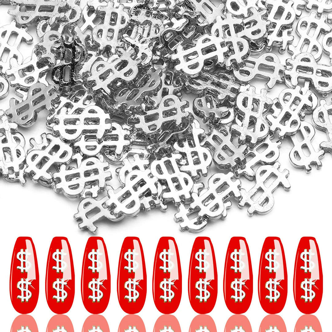 100pieces Luxury 3D Silver Dollar Sign Nail Art Charms Dollar Mark Shape Nail Stickers Jewels Bill Money Design Nail Art Studs Accessories for Women Girls Ladies (0.24inchx0.37inch)