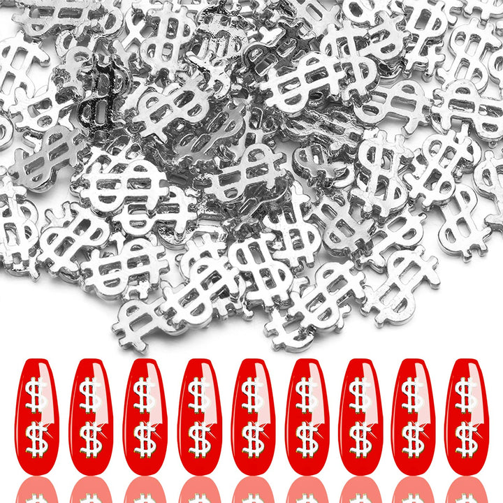 100pieces Luxury 3D Silver Dollar Sign Nail Art Charms Dollar Mark Shape Nail Stickers Jewels Bill Money Design Nail Art Studs Accessories for Women Girls Ladies (0.24inchx0.37inch)