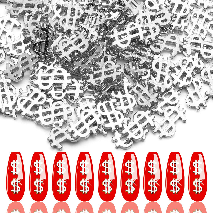100pieces Luxury 3D Silver Dollar Sign Nail Art Charms Dollar Mark Shape Nail Stickers Jewels Bill Money Design Nail Art Studs Accessories for Women Girls Ladies (0.24inchx0.37inch)