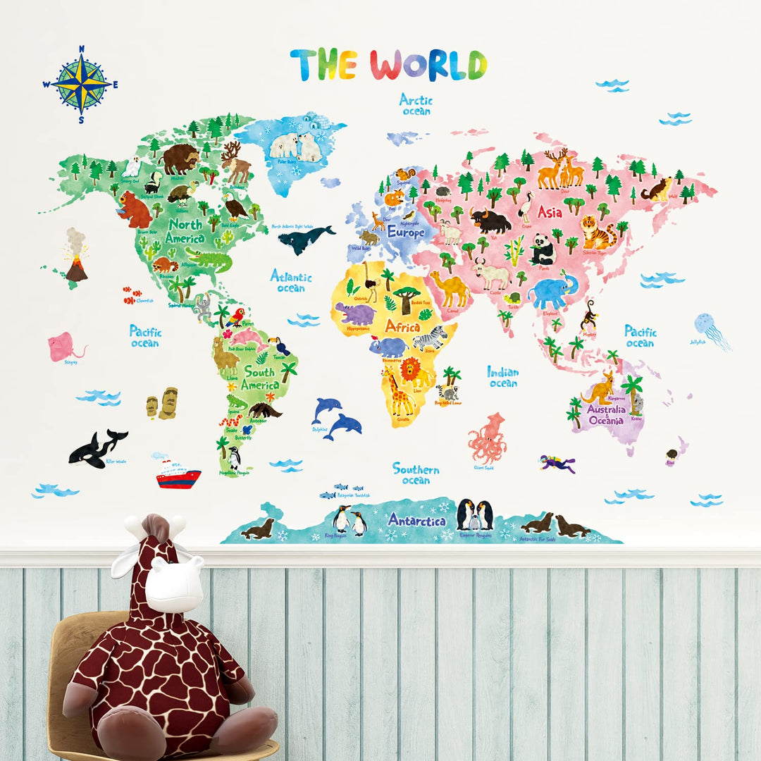 SG2-1615S Animal World Map Kids Wall Stickers Wall Decals Peel and Stick Removable Wall Stickers for Kids Nursery Bedroom Living Room (Large) décor