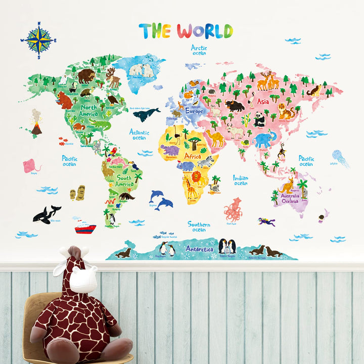 SG2-1615S Animal World Map Kids Wall Stickers Wall Decals Peel and Stick Removable Wall Stickers for Kids Nursery Bedroom Living Room (Large) décor
