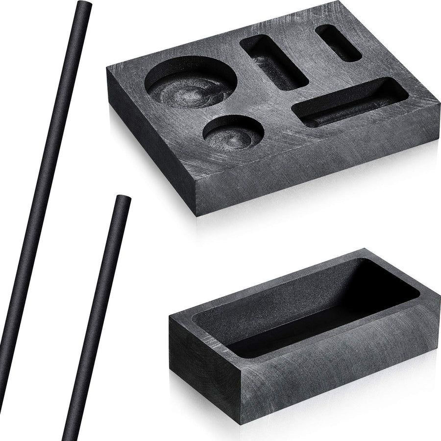 4 Pieces Graphite Ingot Mold Stir Rod Stick Set, 5-in-1 Graphite Casting Ingot Mold Coin Combo Metal Refining Scrap Mold, 1 KG Graphite Ingot Crucible Mould, 2 Graphite Stir Rod Stick for Melting