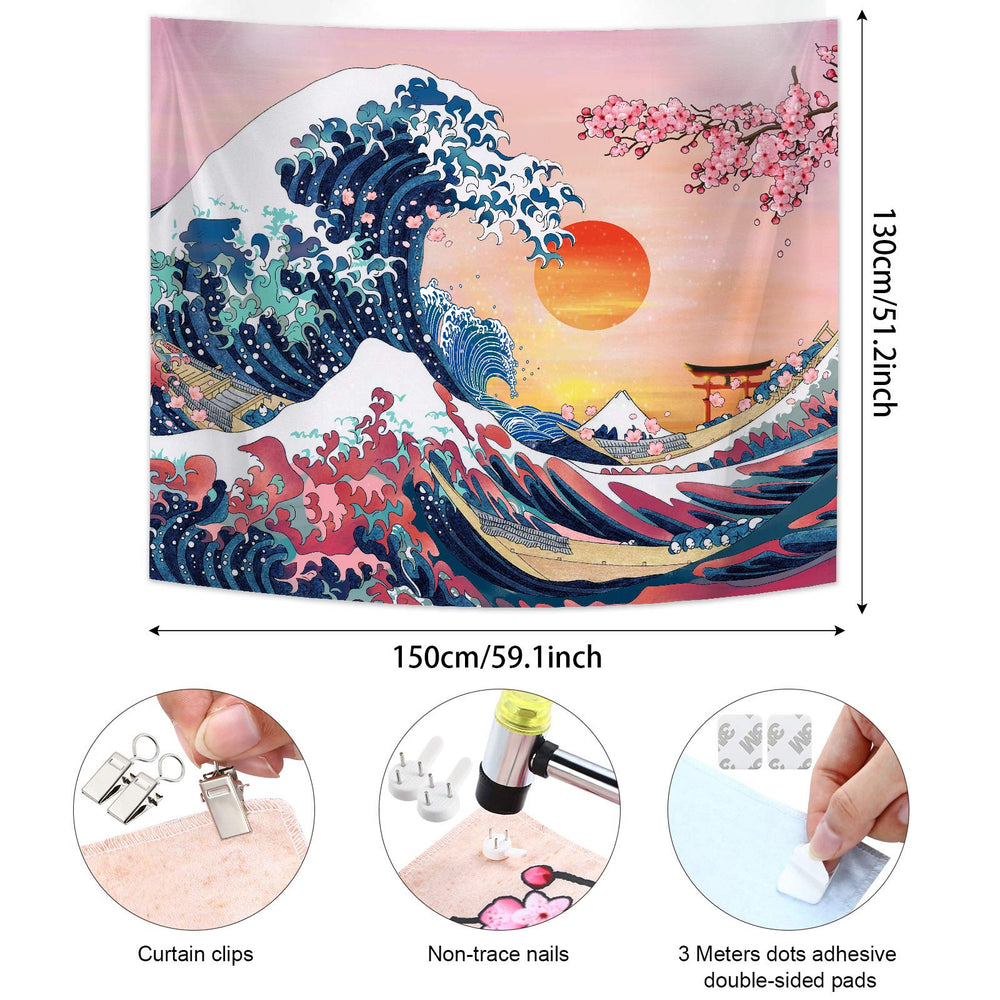 The Great Wave Tapestry Japanese Ocean Wave Wall Tapestry Cherry Blossom Tree Backdrop Sunset Tapestry Mountain Hanging Kanagawa Tapestry for Japanese Living Room Bedroom Decorations (59 x 78.7 Inch)