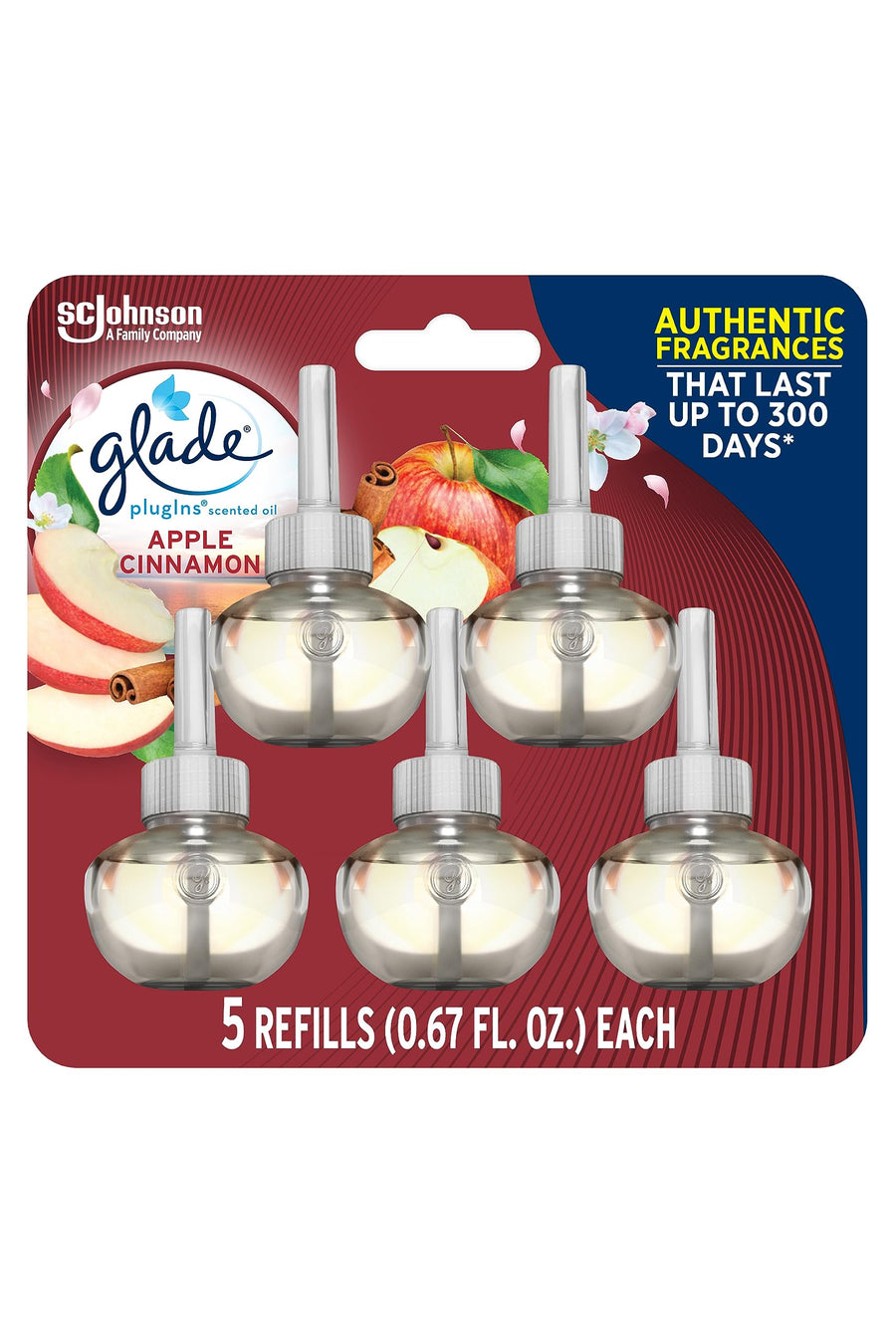 PlugIns Refills Air Freshener, Scented and Essential Oils for Home and Bathroom, Apple Cinnamon, 3.35 Fl Oz, 5 Count
