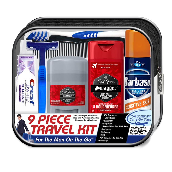 Men's Deluxe, 9-Piece Kit with Travel Size TSA Compliant Essentials , Featuring: Old Spice Products in Reuseable Toiletry Bag