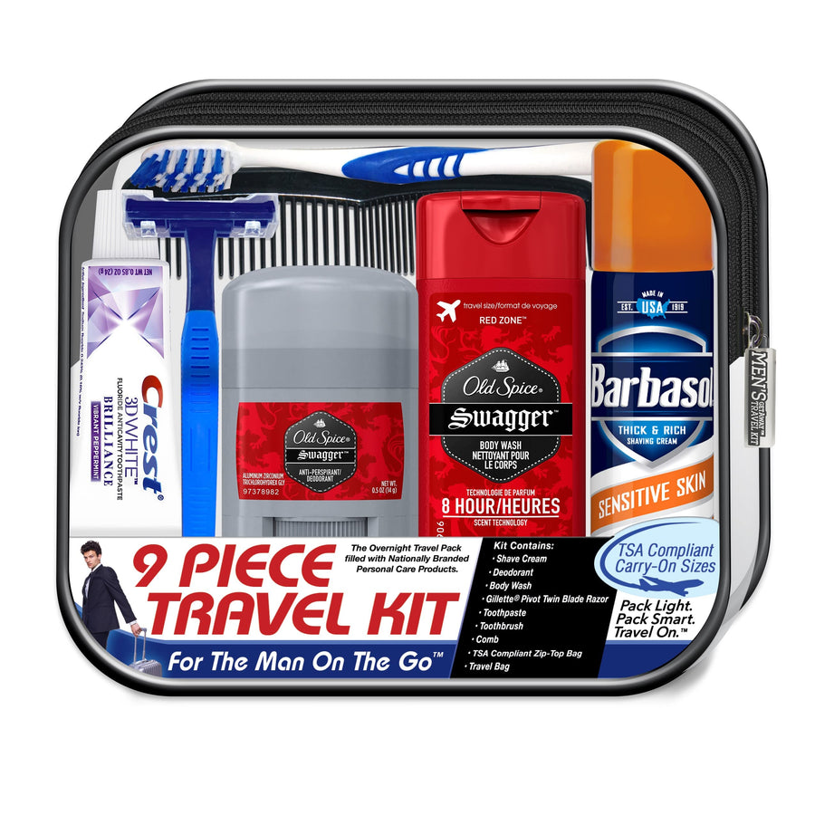 Men's Deluxe, 9-Piece Kit with Travel Size TSA Compliant Essentials , Featuring: Old Spice Products in Reuseable Toiletry Bag