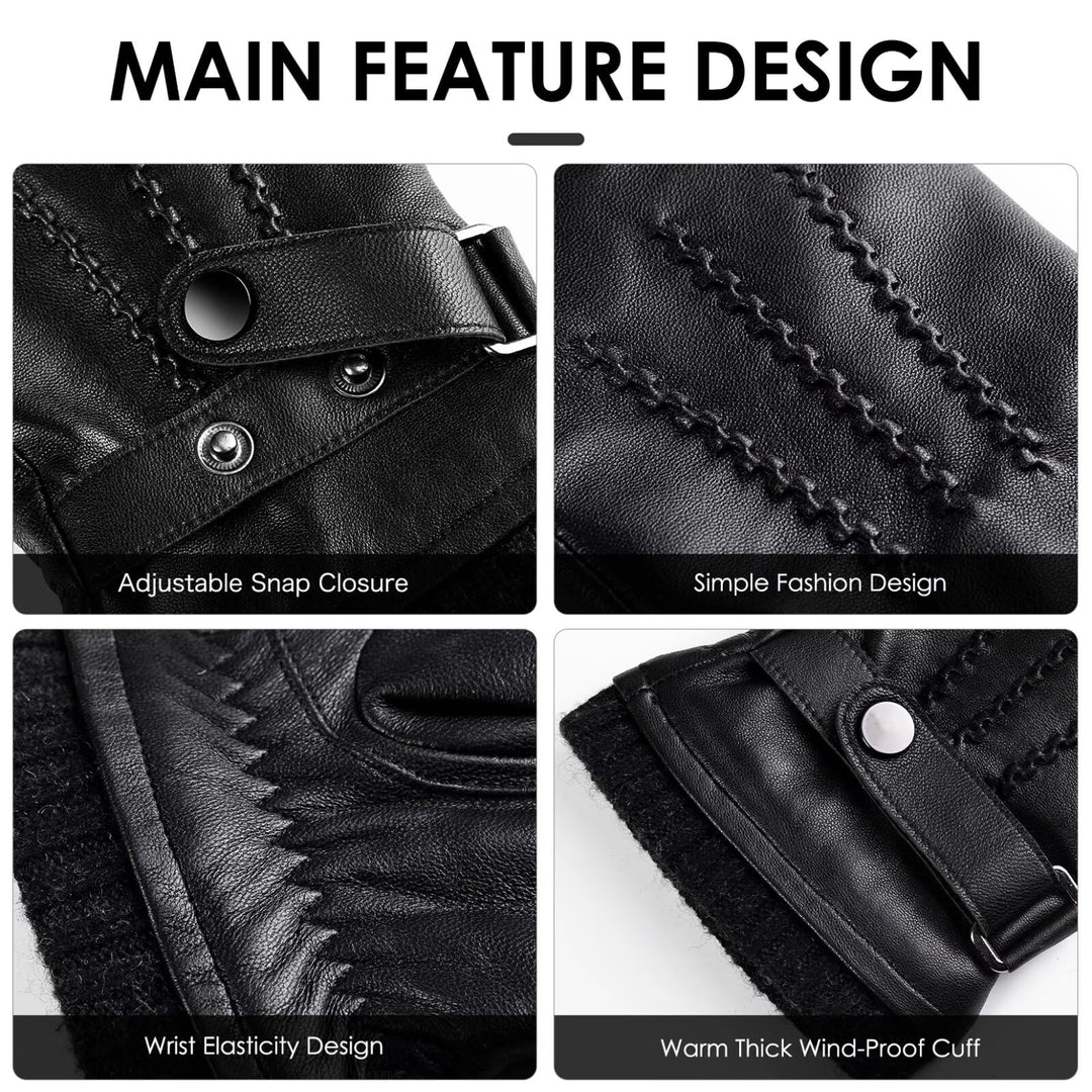 Winter Sheepskin Leather Gloves for Men, Warm Touchscreen Texting Gloves with Soft Cashmere Lining, Fashion Driving Gloves for Outdoor Sports(Black-L)