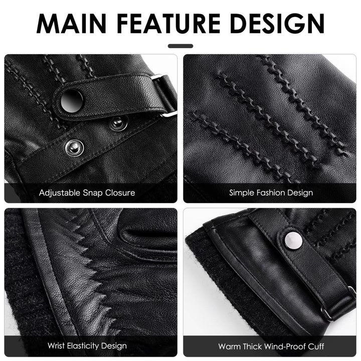 Winter Sheepskin Leather Gloves for Men, Warm Touchscreen Texting Gloves with Soft Cashmere Lining, Fashion Driving Gloves for Outdoor Sports(Black-L)