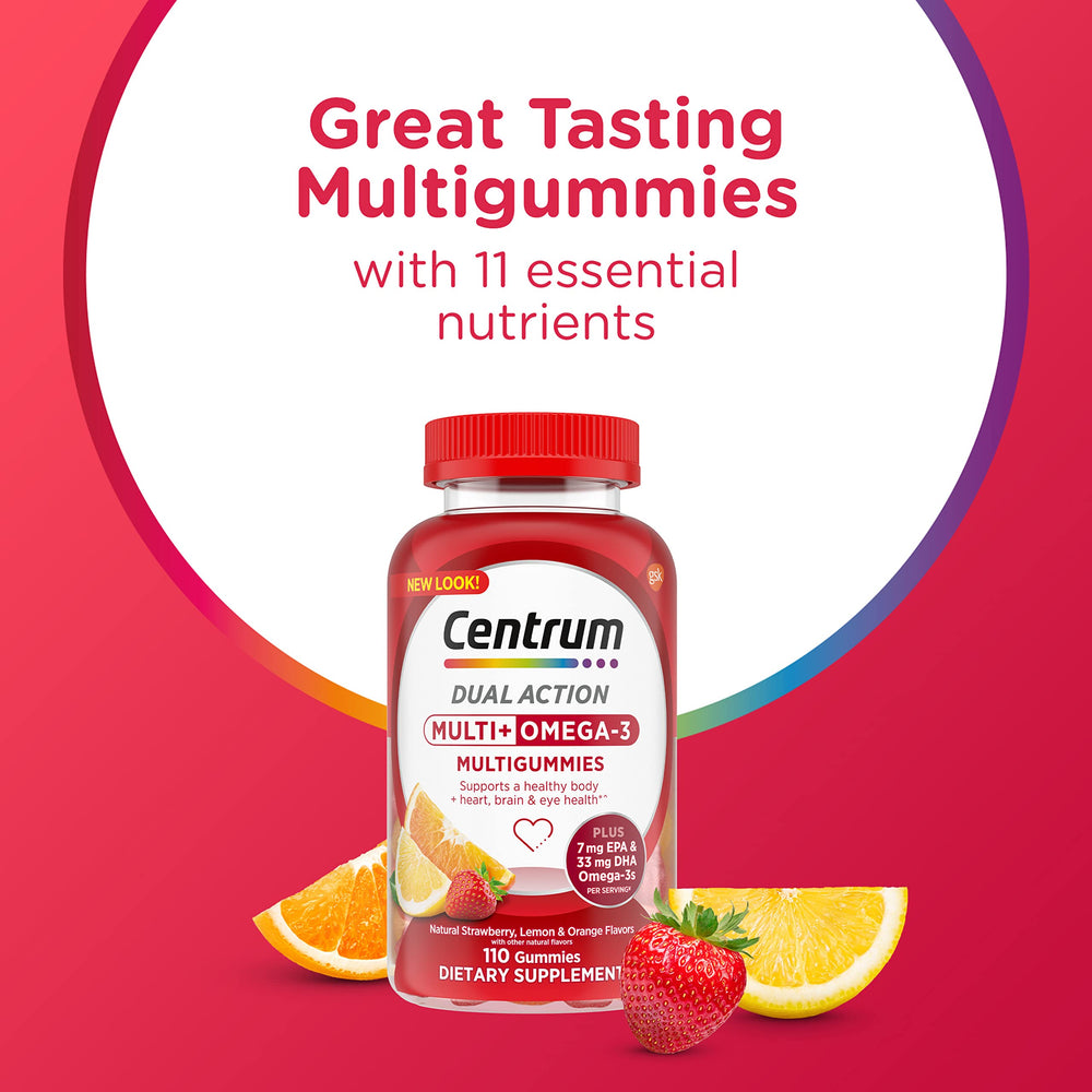 MultiGummies Multi+ Omega 3 Dual Action, Adult Multivitamin, Multivitamin/Multimineral/Omega 3 Supplement, Strawberry/Lemon/Orange Flavors - 110 Count