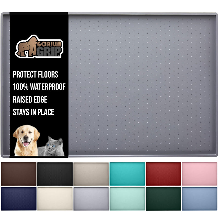 Gorilla Grip 100% Waterproof Raised Edge BPA Free Silicone Pet Feeding Mat, Dog Cat Food Mats Contain Spills Protects Floors, Placemats for Cats and Dogs Water Bowl, Pets Accessories 23x15 Gray