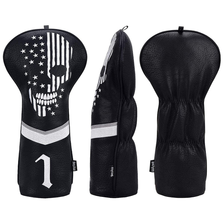 mytag Golf Skull Skeleton Head Cover Golf Club Black Leather Headcovers Set Fits Driver Fairway Wood Hybrid (1pc Driver Cover)