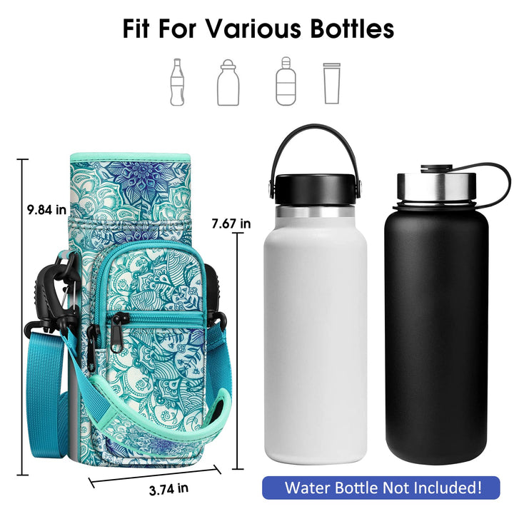 Water Bottle Carrier Bag Sling Case, Sports Water Bottle Pouch Holder Sleeve with Adjustable Shoulder Hand Strap and 2 Pockets for Men Women Hiking Camping Travelling