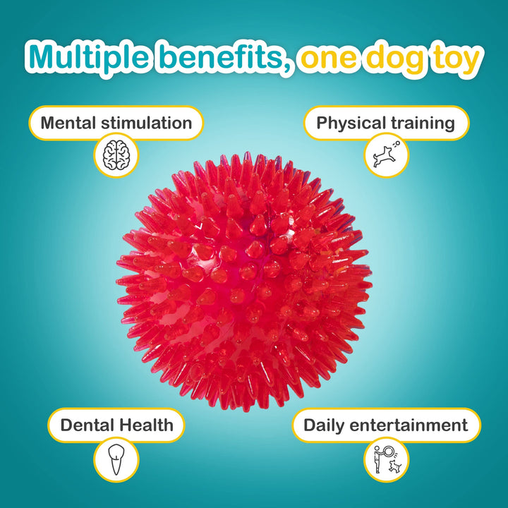3.5” Spikey Dog Balls (4 Pack) Squeaky Dog Toys | Cleans Teeth for Healthier Gums | Non-Toxic BPA-Free for Aggressive Chewers | Spikey Balls in Red, Blue, Yellow, and Green
