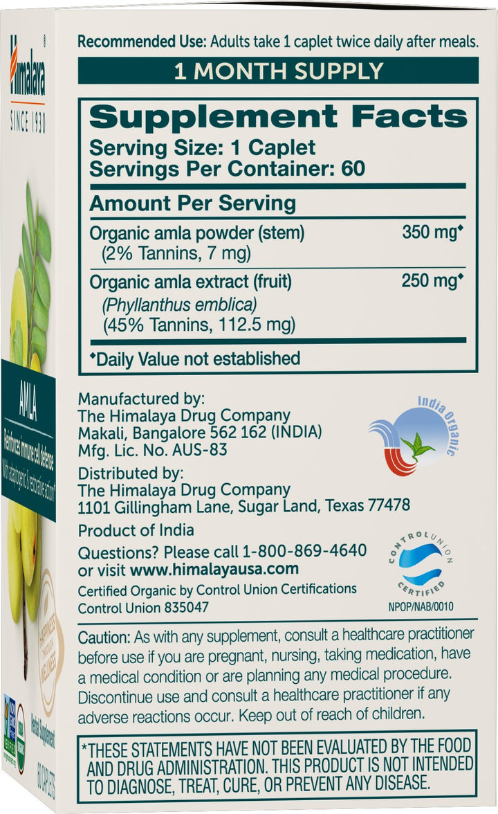Organic Amla Natural Antioxidant for Immune Support, 60 Caplets, 1 Month Supply