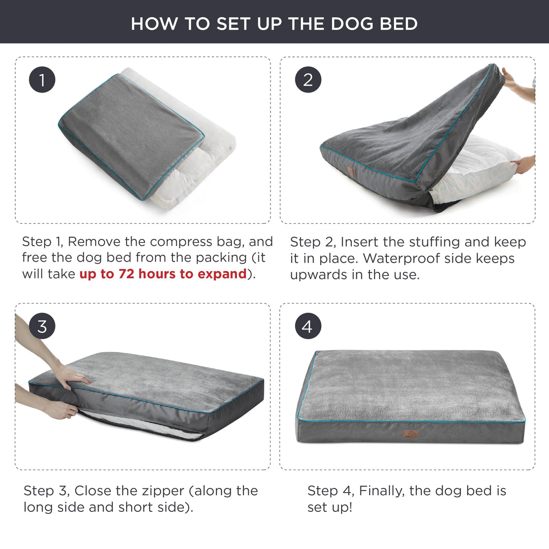 Waterproof Dog Beds for Large Dogs - 4 Inch Thicken Up to 80lbs Pet Mat Pillows with Removable Washable Cover, Grey