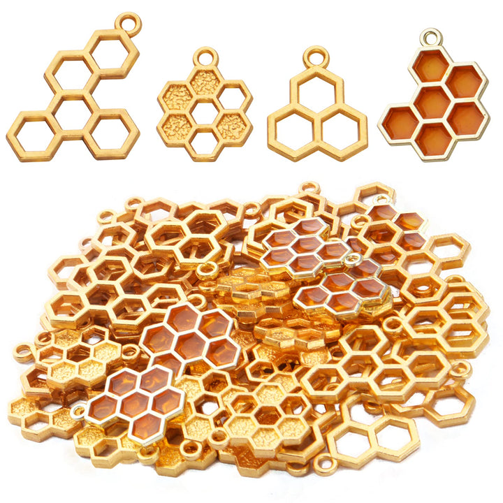 50pcs Enamel Honeycomb Charms Pendants Alloy Bee Honeycomb Open Back Bezel Pendant for Necklace Bracelet DIY Crafts Jewelry Making Accessories