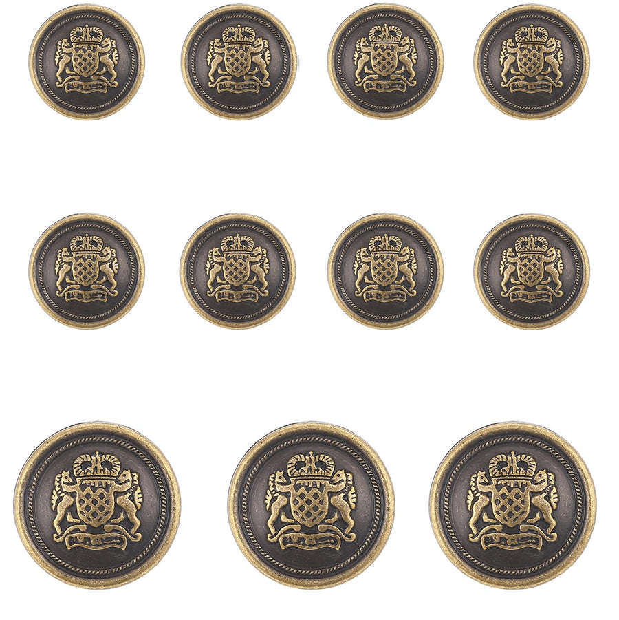11 Piece Antiqued Bronze Metal Blazer Button Set - Crown Lion- For Blazer, Suits, Sport Coat, Uniform, Jacket