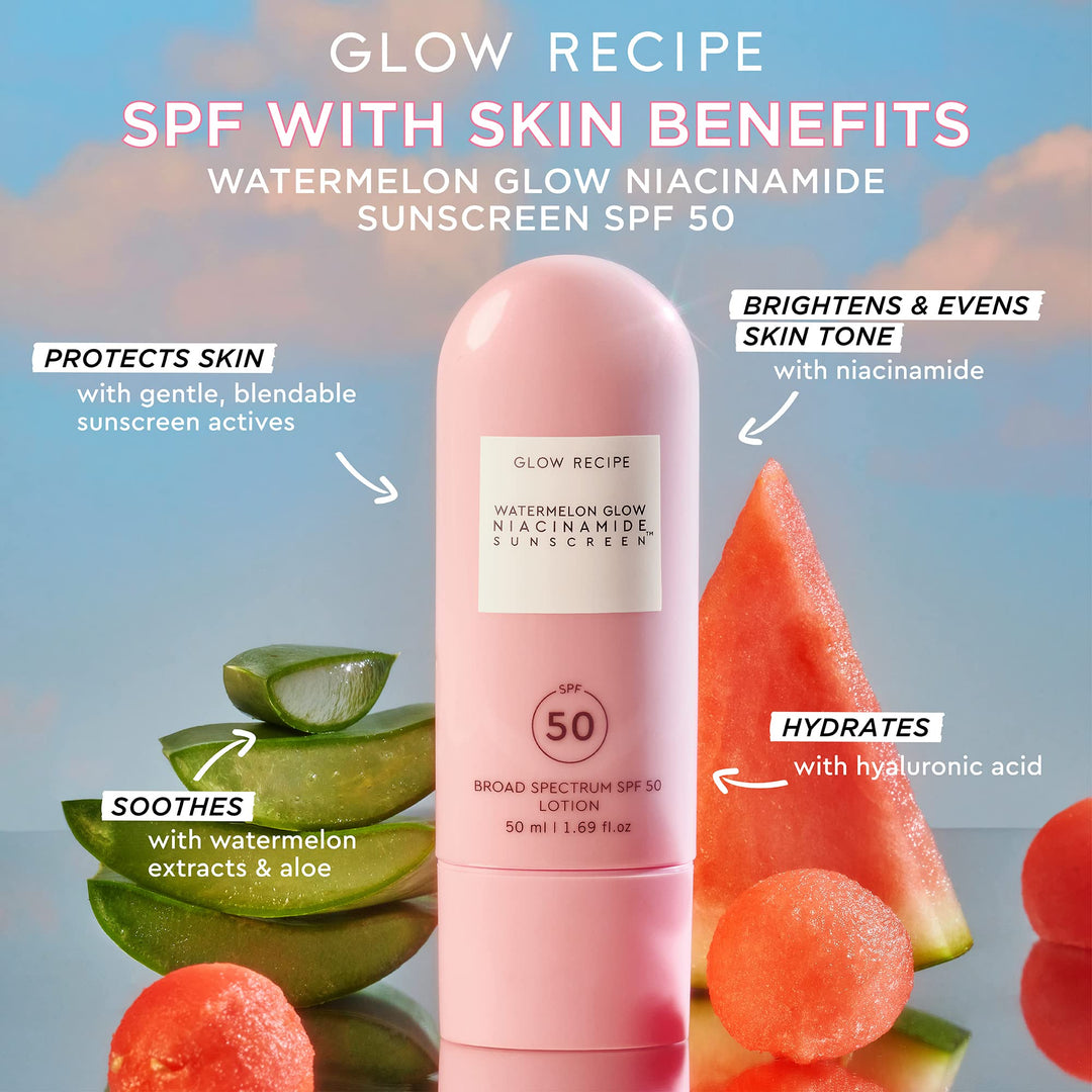 Watermelon Glow SPF 50 Mineral Sunscreen - With Niacinamide, Hyaluronic Acid & Aloe Vera for Even Skin Tone - Lightweight Broad Spectrum