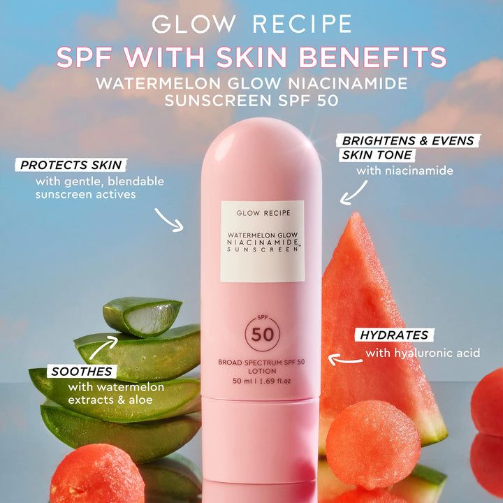 Watermelon Glow SPF 50 Mineral Sunscreen - With Niacinamide, Hyaluronic Acid & Aloe Vera for Even Skin Tone - Lightweight Broad Spectrum