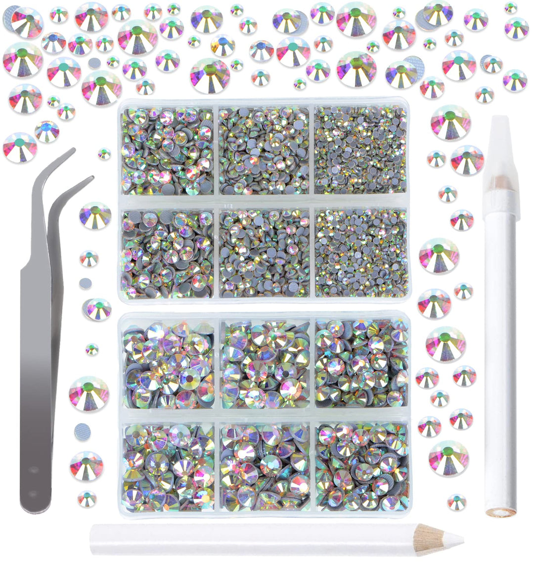 QOGIL 6300pcs Clear AB Hotfix Rhinestones for Crafts Clothes DIY with Tweezers and 2 Picking Pens Mixed Size Flatback Rhinestone