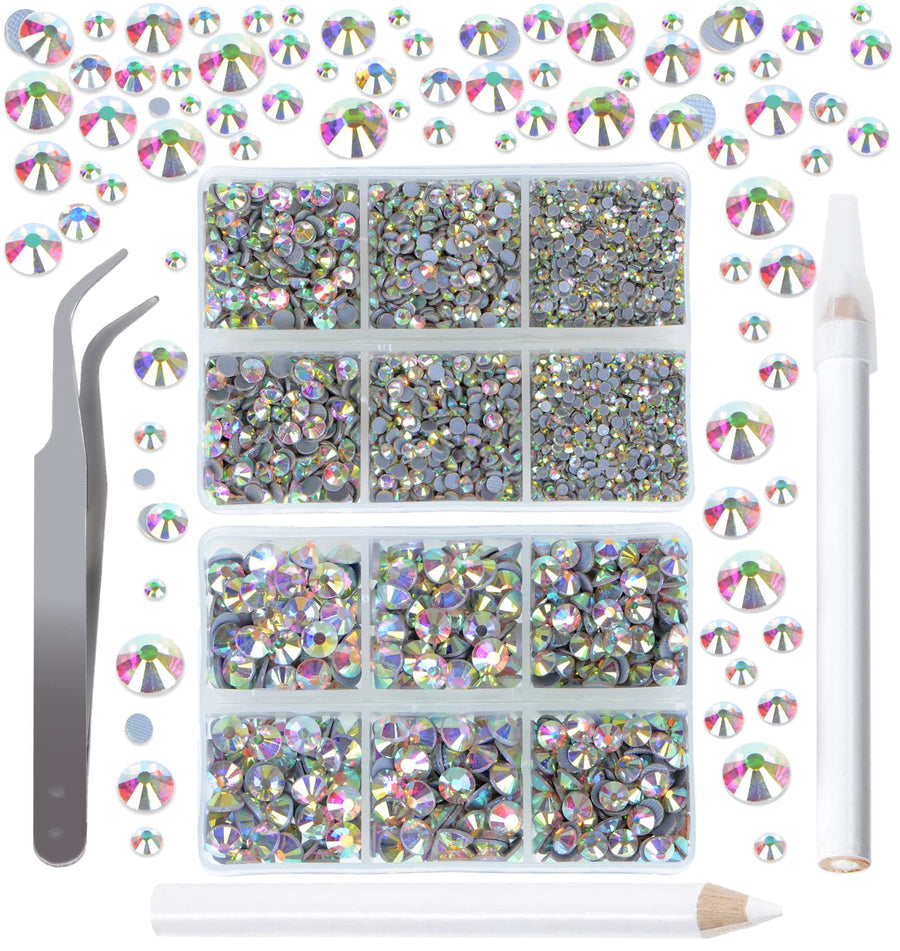 QOGIL 6300pcs Clear AB Hotfix Rhinestones for Crafts Clothes DIY with Tweezers and 2 Picking Pens Mixed Size Flatback Rhinestone