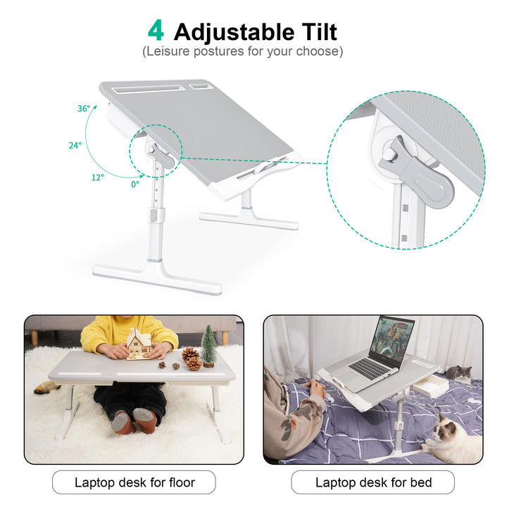 Foldable Laptop Bed Tray Table PVC Leather, Adjustable Laptop Desk for Bed with Height and Angle, Portable Lap Desk for Laptop and Writing with 2 Storage Drawers