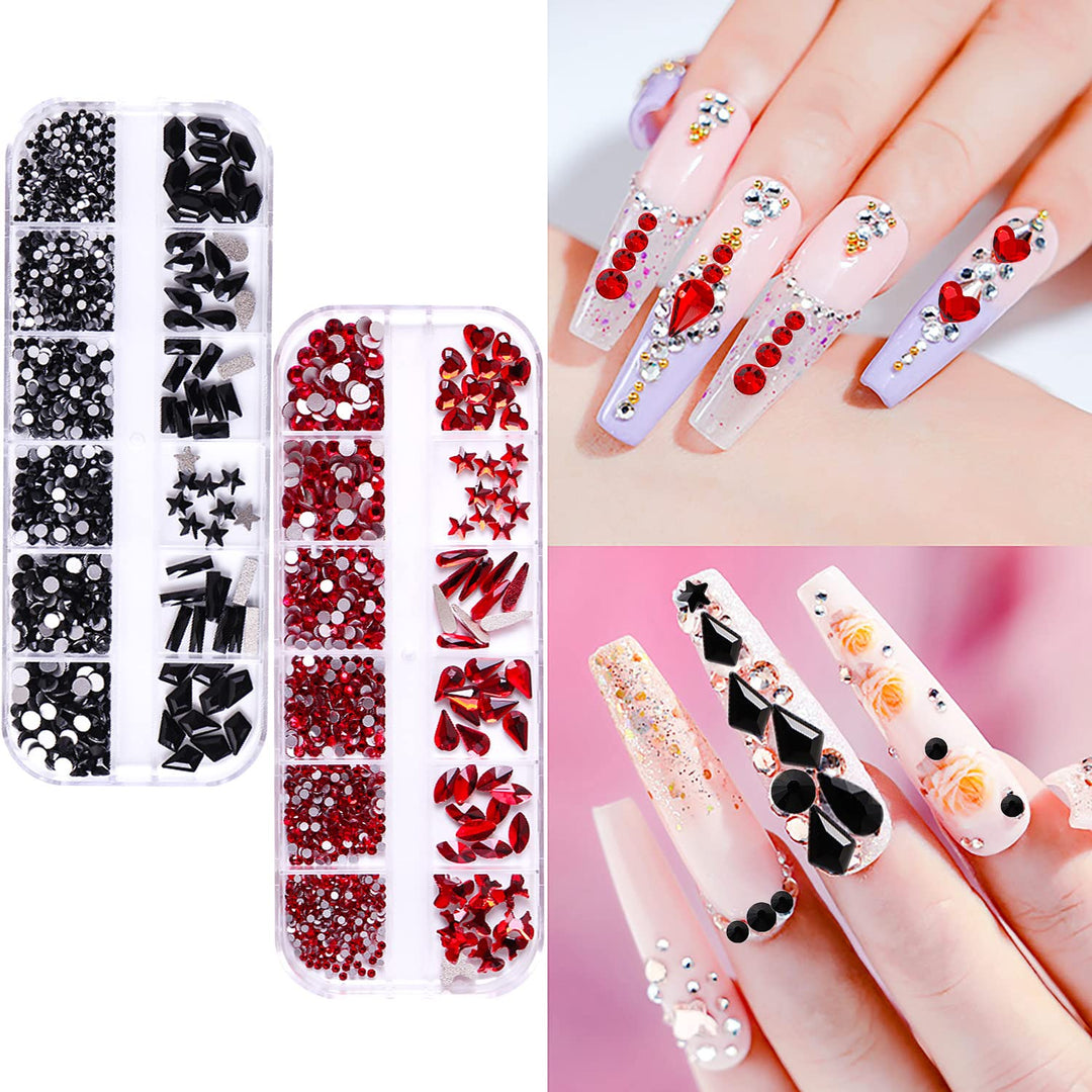 1620pcs Flat Back Jet Black Nail Rhinestones Red Nail Rhinestones Round Beads Crystals Glass Gems Stones Multi Shapes Sizes With Picking Pen for Crafts Nail Face Art Clothes Shoes Bags DIY