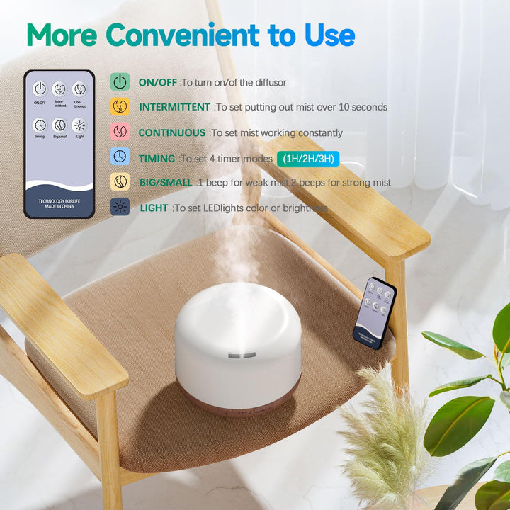 YIKUBEE Essential Oil Diffuser with Essential Oils Set, 6x10mL Essential Oils for Diffusers for Home, 500ml Humidifier with Remote Control, Aromatherapy Diffusers for Essential Oils Large Room