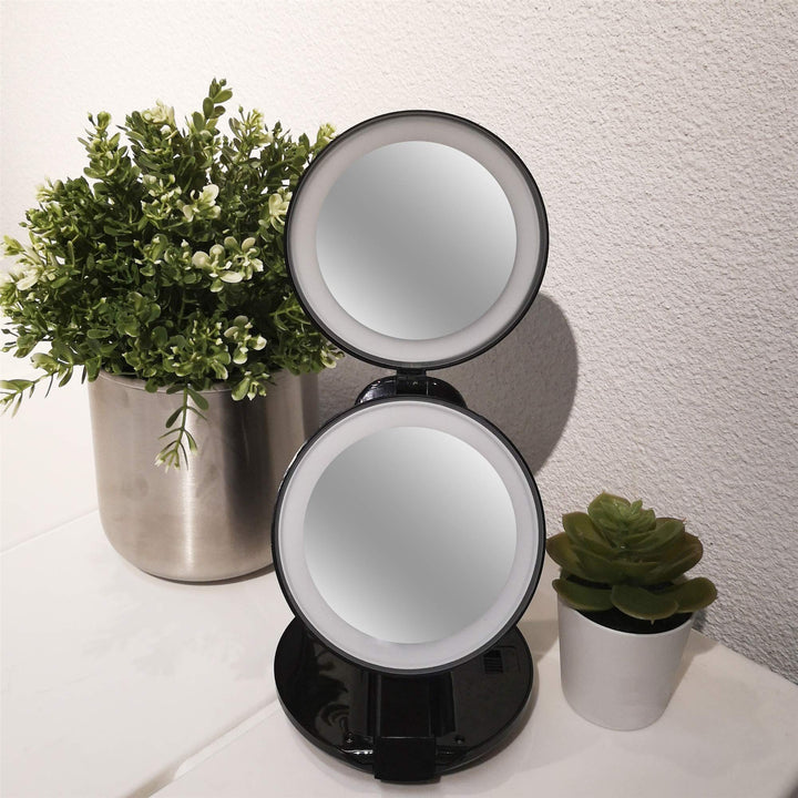 LED Lighted Travel Makeup Magnifying Mirror,Magnifies 10x and 1x, Luxury Double Side and Folding Pocket Vanity/Cosmetic Mirror (Black)