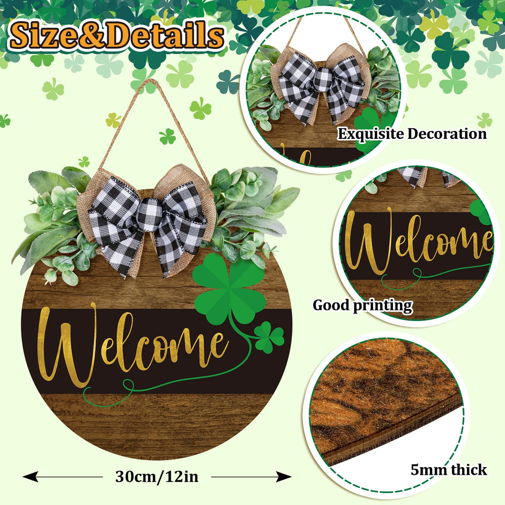 St. Patrick's Day Welcome Sign Wooden Hanging Sign Farmhouse Rustic Door Decoration St. Patrick's Day Wreath Sign with Bow Ornament for Irish Holiday Home Indoor Outdoor Farmhouse Window