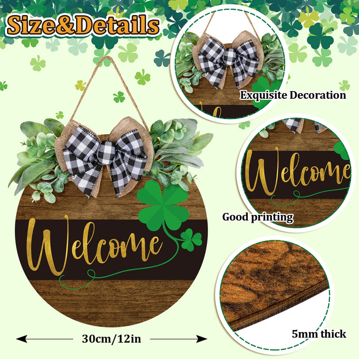 St. Patrick's Day Welcome Sign Wooden Hanging Sign Farmhouse Rustic Door Decoration St. Patrick's Day Wreath Sign with Bow Ornament for Irish Holiday Home Indoor Outdoor Farmhouse Window