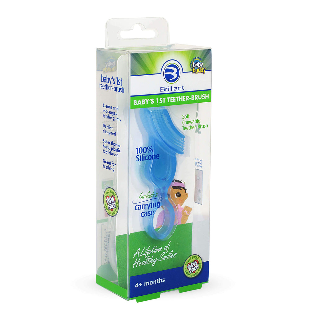 Oral Care Baby’s First Toothbrush, Smooth Silicone Bristles Gently Clean Tender Teeth and Gums, with Storage Case, for Ages 4+ Months, Blue, 1 Pack