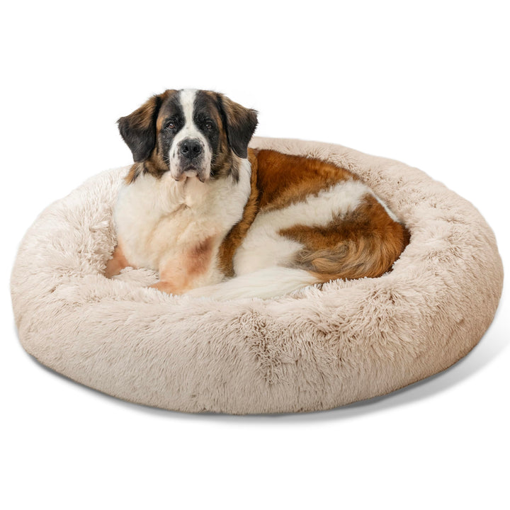 The Original Calming Donut Dog and Cat Bed in Shag Fur, Taupe, Extra Large, 45x45