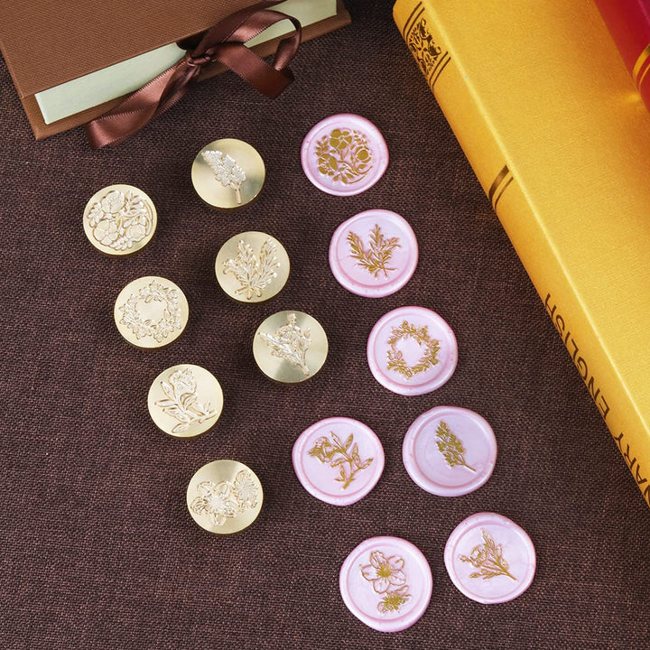 Wax Seal Stamp Kit, 7pcs Floral Rosemary Cherry Blossoms Wreath Fern Wax Seal Stamp Kit Copper Seals + 1pcs Wooden Hilt, Retro Flower Sealing Stamp Set for Wedding Envelopes Invitation (F04)
