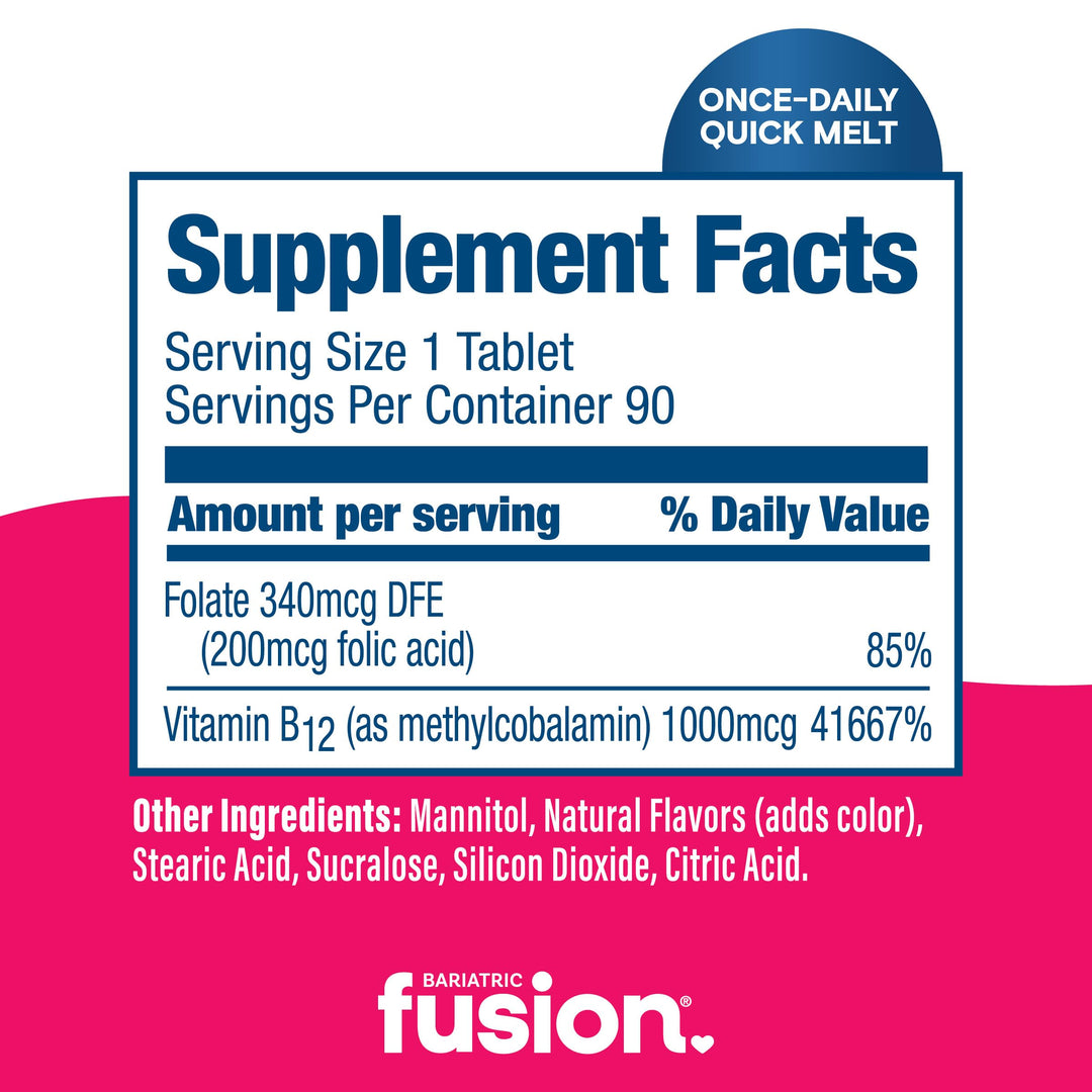 Vitamin B12 Sublingual 1000 mcg Melts | Cherry Berry Flavored | Vitamin B12 Dissolve Under Tongue Tablets with Folic Acid | Sugar Free | Methylcobalamin | 90 Count